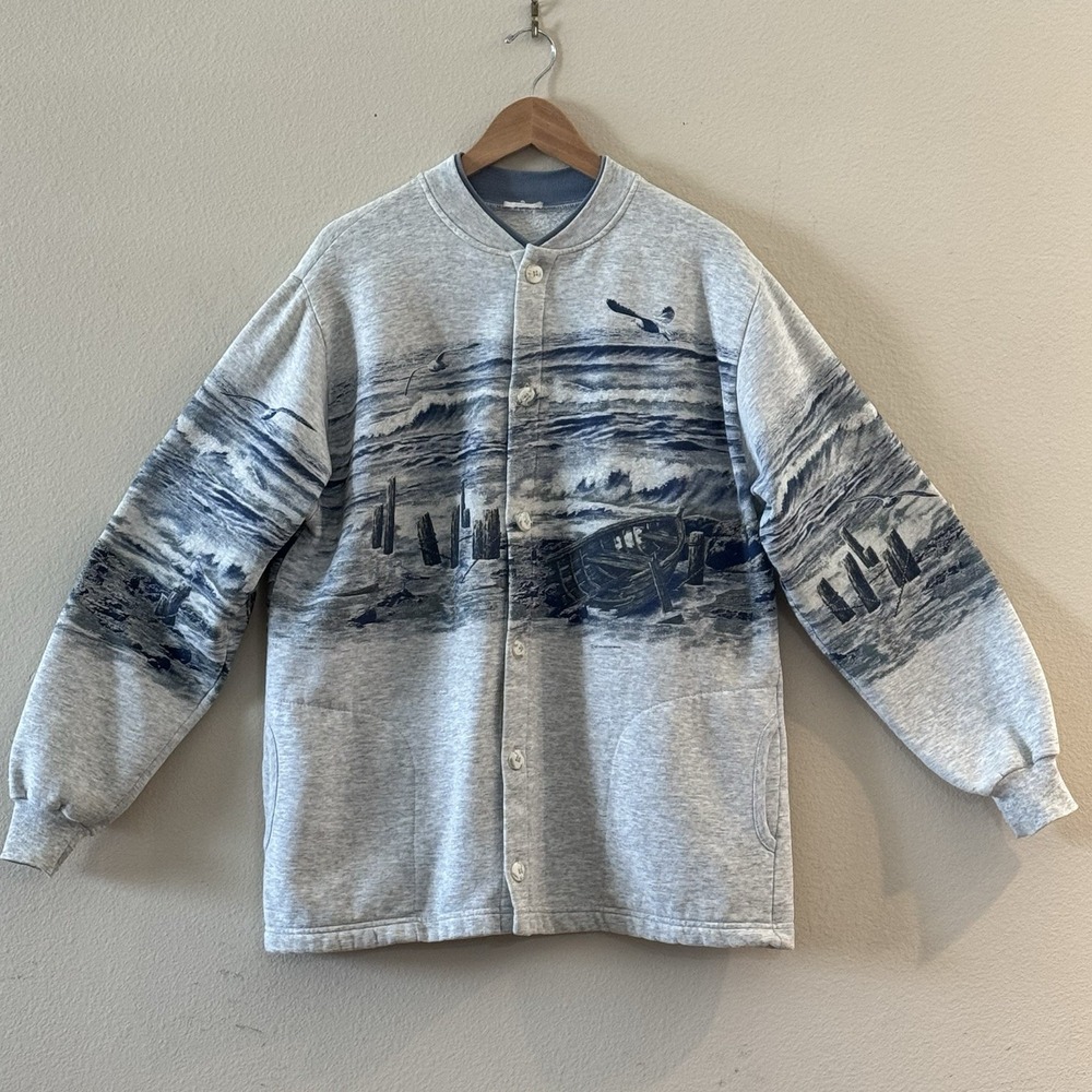 Vintage 90s Art Unlimited Coastal Ocean Sweatshirt Cardigan Jacket Oversized USA